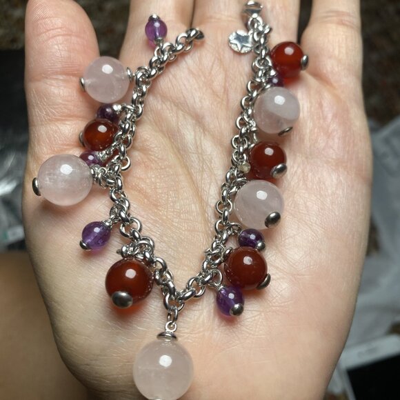 $555 MISTLETOES terling Silver w Genuine Amethyst Garnet and Quartz beads 7" Lg - Picture 1 of 7